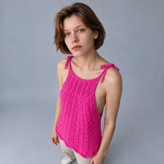 Polera de hilo fuxia sin mangas con hombros descubiertos