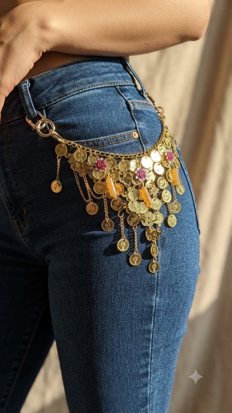 Caderín Boho Dorado con Monedas y Flores | Accesorio de Cintura Estilo Bohemio Chic