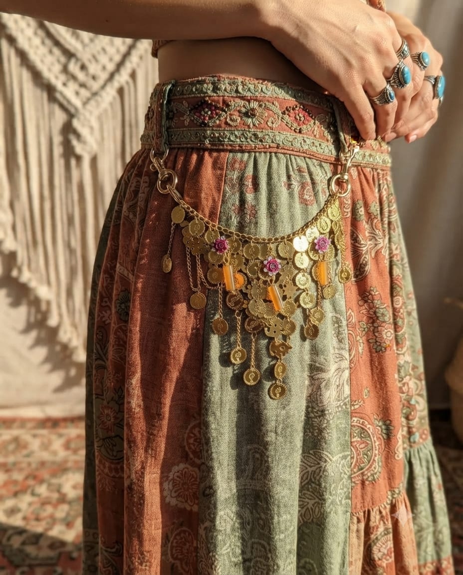 Caderín Boho Dorado con Monedas y Flores | Accesorio de Cintura Estilo Bohemio Chic