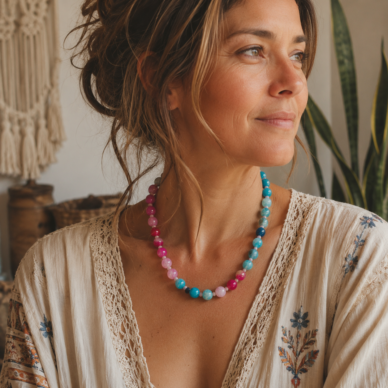Collar de Ágatas Naturales Rosadas y Turquesa | Collar Artesanal de Piedras